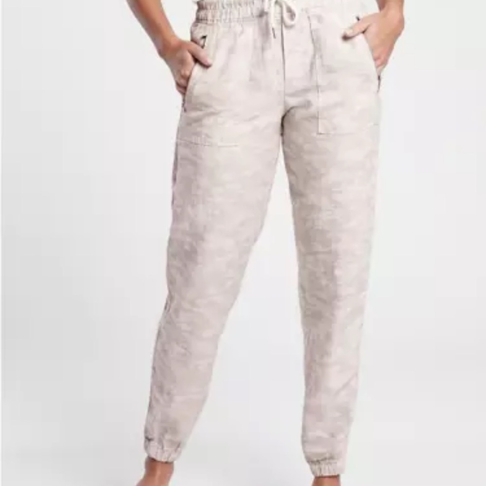 Athleta Tan Linen Jogger Pants with Elasticized Ankles